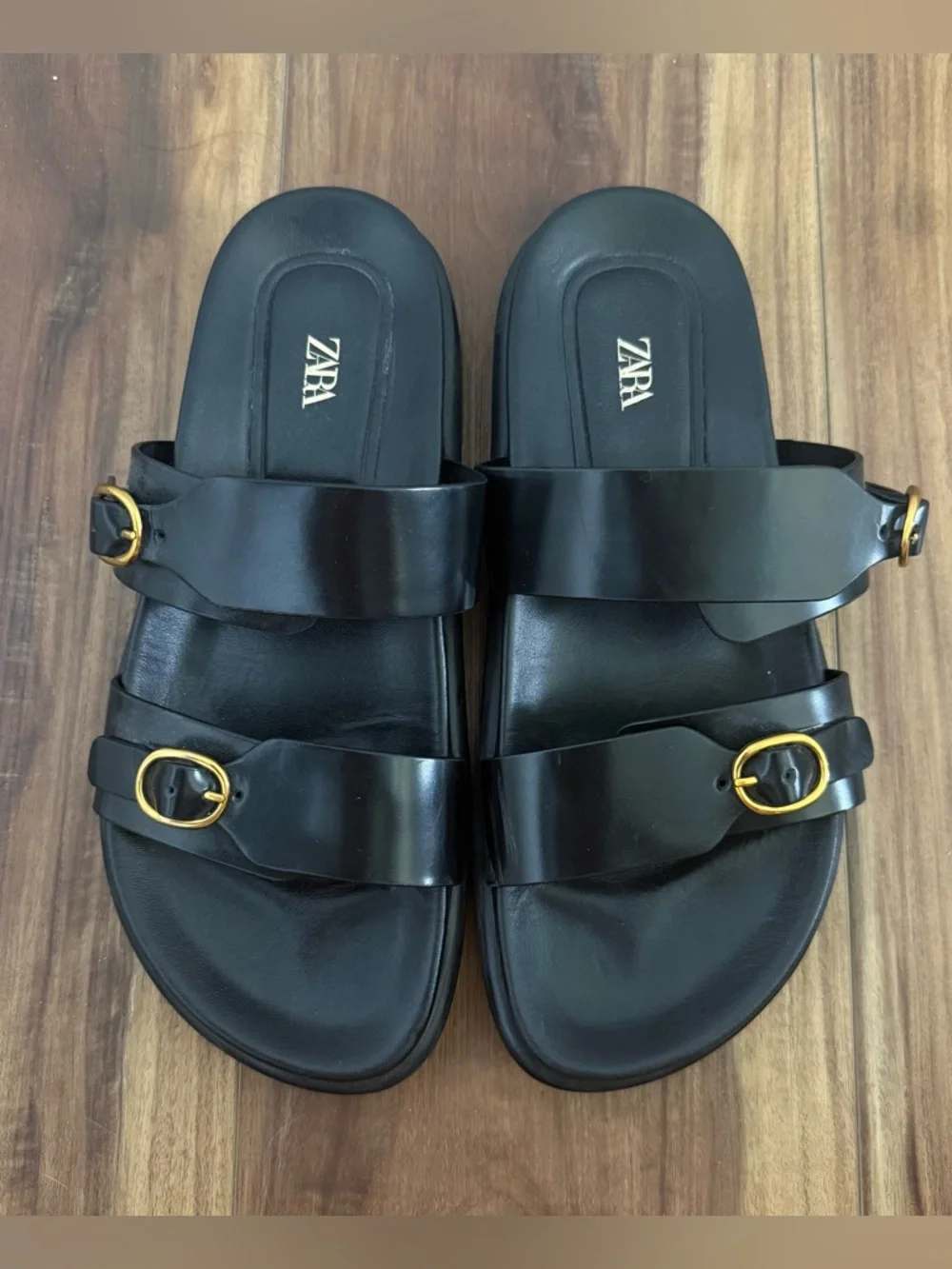 Zara Black Leather Double-Strap Buckle Sandals Size 37 US 6.5/7 - Worn Once - Picture 3 of 7